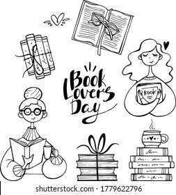 Vector illustration Book lovers day / Girl and book doodles