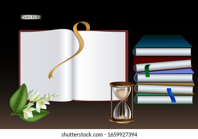 Vector illustration of a book many open and folded, vintage hourglass