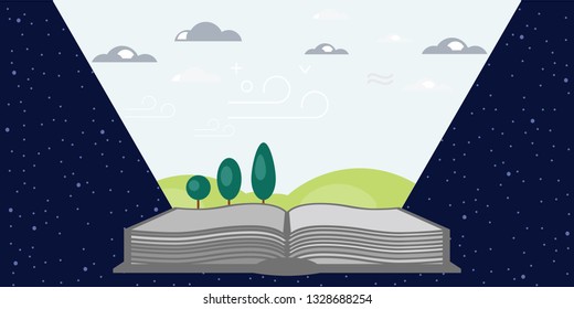 vector illustration of book with night background and daylight landscape on pages