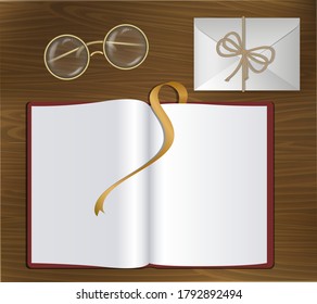 Vector illustration of book Notepad glasses in a metal frame and an envelope for letters