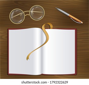 Vector illustration book Notepad metal framed glasses and pen