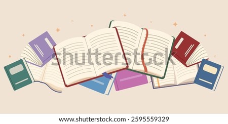 vector illustration of a book, Open book, the flying books style. Happy world book day banner. Concept of reading and literature. 