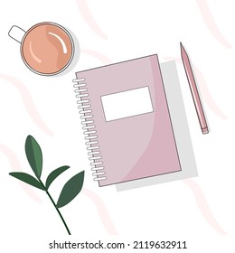 Ilustración vectorial de libro, pluma, taza de café, flor. Adecuado para el trabajo o el estudio, la creatividad en el hogar, el dibujo