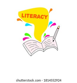 vector illustration of book and pen and the inscription "LITERACY" on it. can be used as educational content design materials.