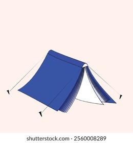 Vector illustration. Book pitched as tent, symbolizing shelter and escape found within literature. Temporary escape from reality Concept of knowledge, literature, education.