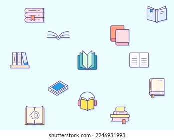 Vector illustration of a book and reading elements. Contains such as book stack, notes, study, library, education, open book and more. Flat illustration style line drawing