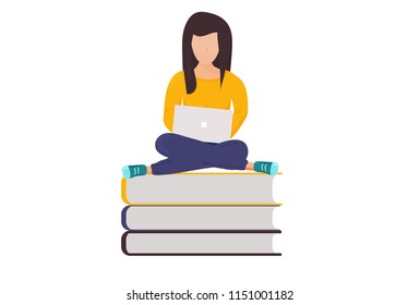 Vector illustration for book reading or online library promotion: Girl with notebook sitting on books.