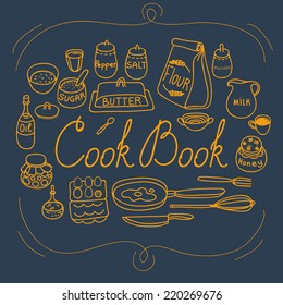 Vector illustration for a book of recipes with different utensils. Can be used for the cover of book, postcards or other purposes. You can also use elements independently to illustrate your recipes.