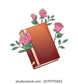 Ilustração vetorial de livro com flores de rosa. Composição colorida para decoração de livraria, design de cartão, cartaz. Amante do livro, livraria, conceito de biblioteca.