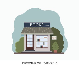 Vector illustration book shop in cartoon flat style with bushes and tree.