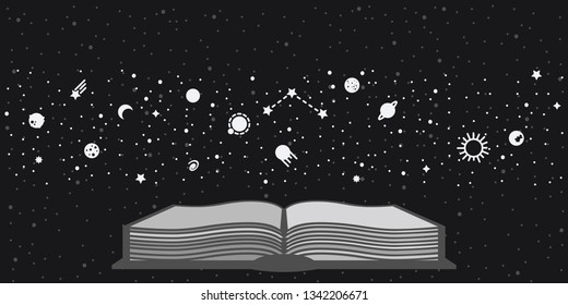 vector illustration of book with space and planets for cosmic storytelling plot concept