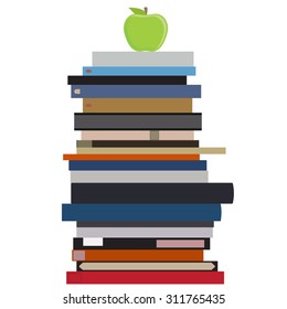 Vector illustration book stack and green apple on it. Pile of books. Education symbol
