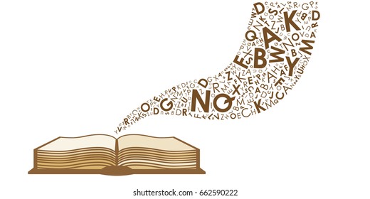 vector illustration of book with stream of letters coming out for educational and reading designs