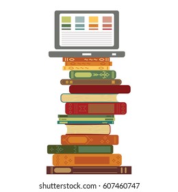 vector illustration of book tower with laptop on the top for data collecting and structuring or virtual library concepts