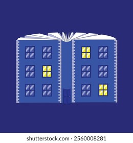 Vector illustration. Book transforms into library, symbolizing vast knowledge and endless possibilities found within its pages. Concept of knowledge, literature, education.