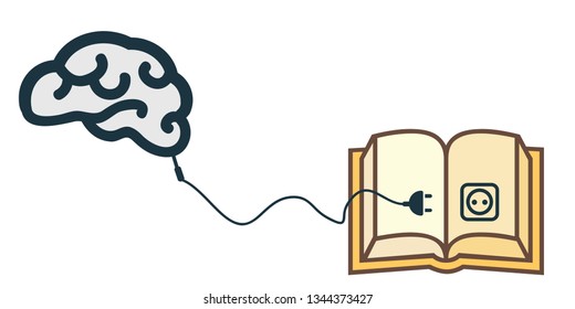 vector illustration of book and wired plugged brain for intellectual charging literature concept