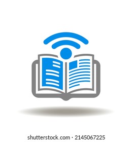 Vektorgrafik von Buch mit drahtlosem Signal. Symbol der Online-Bildung. Symbol der elektronischen Lerntechnologie. Unterzeichnung von Internetkursen.