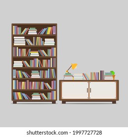 Vector illustration of bookcase, and book drawer full of books, table lamp isolated on a gray background