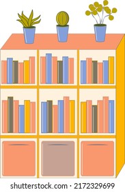 Vector illustration of a bookcase, indoor plants. Books on the shelf. Library.