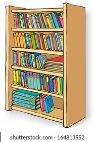 Vector illustration. Bookcase with varied collection of books 