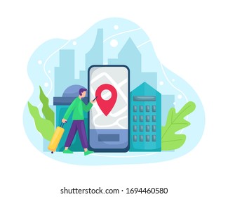 Vector illustration Booking hotel and search reservation for holiday. Mobile app concept for tourists and travelers. Design concept of hotel search and booking online. Vector in a flat style