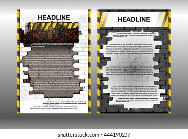 Vector illustration booklet template with a brick wall construction theme on a white background. Showing two sides front and back of the booklet.