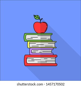 Vector illustration of books and apple with long shadow. Concept for design and web