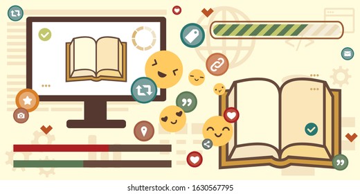 vector illustration of books and computer screen with social media symbols for digital reading and sharing