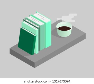 The vector illustration of books and a cup of coffee. Isometric illustration.