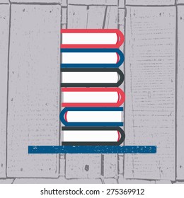 vector illustration of books in flat design style on textured wood background