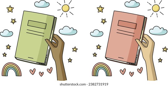 Vektorgrafik von Büchern und menschlichen Händen. Lernkonzept, Bildung, Literatur, Lernen und Lesen. Grafikdesign für Bildungseinrichtungen, Buchhandlungen, literarisches Café