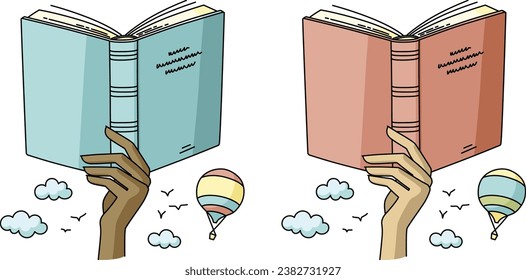 Ilustración vectorial de libros y manos humanas. Estudios, educación, literatura, aprendizaje y concepto de lectura. Diseño gráfico de imágenes para instituciones educativas, librerías, café literario