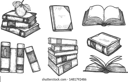 Vector illustration of books icons set. Stuck, stacked, apple, closed, open, front side and three quarters. Vintage hand drawn style.