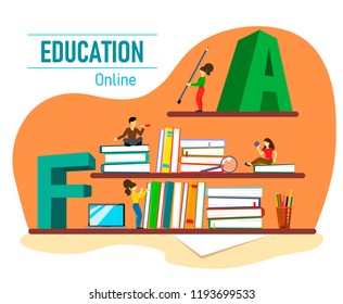 Vector illustration with books, laptop and characters for online education.