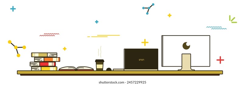 Vector illustration of books, a laptop, and coffee on the table can be used for YouTube or Facebook banners