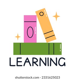 Ilustración vectorial de libros con texto de aprendizaje. Pila de libros y estrellas de diseño plano. Educación y regreso a los diseños escolares. Estudio y conocimiento. Los libros son parte del proyecto.