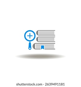 Vector illustration of books and magnifier with medical pharmaceutical plus sign. Icon of medicine pharmacy directory of diseases, medicines. Symbol of common illnesses.