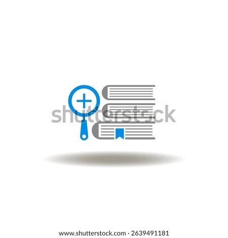 Vector illustration of books and magnifier with medical pharmaceutical plus sign. Icon of medicine pharmacy directory of diseases, medicines. Symbol of common illnesses.