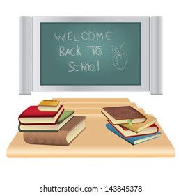 vector illustration of books on the school desk with other desks and a school multimedia board