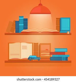 Vector illustration of books on a shelf. Banner book club. Collection of elements for design. Set of icons. Background for banners, invitation cards, web pages, covers, posters. Flat style.