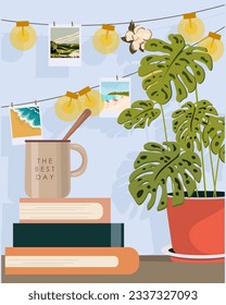 Vector illustration. Books on the table, coffee and home plant, workspace, library, home office, back to school, learning, pause.