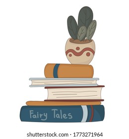 Vector illustration of books on which the flowerpot stands. Autumn color scheme