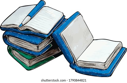 
Vector illustration. Books, open notebook and blue pencil