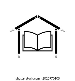 Vector illustration of books and pencils forming a house.  Suitable for logo of library, printing, stationery shop, etc