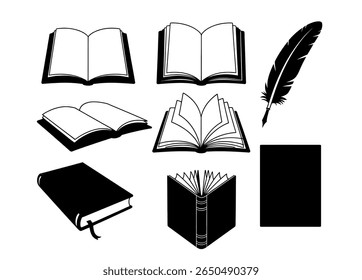 Vector Illustration of Books, Quill, and a Notebook. Collection of open books with scrolls, inkwells, quills, and candles. black and white vector graphic features various book styles, including open.