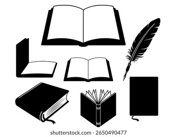 Vector Illustration of Books, Quill, and a Notebook. Collection of open books with scrolls, inkwells, quills, and candles. black and white vector graphic features various book styles, including open.