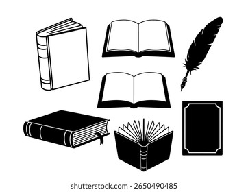 Vector Illustration of Books, Quill, and a Notebook. Collection of open books with scrolls, inkwells, quills, and candles. black and white vector graphic features various book styles, including open.