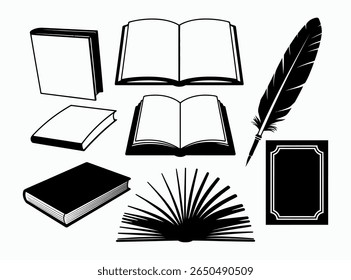 Vector Illustration of Books, Quill, and a Notebook. Collection of open books with scrolls, inkwells, quills, and candles. black and white vector graphic features various book styles, including open.