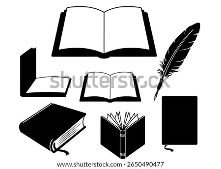 Vector Illustration of Books, Quill, and a Notebook. Collection of open books with scrolls, inkwells, quills, and candles. black and white vector graphic features various book styles, including open.