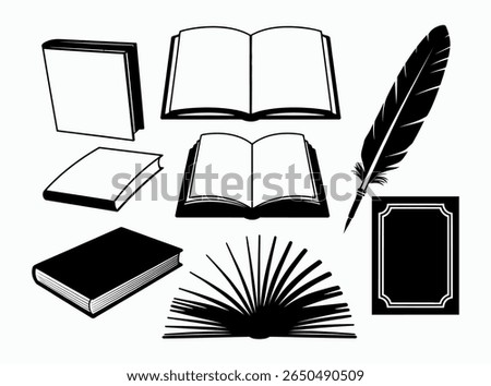 Vector Illustration of Books, Quill, and a Notebook. Collection of open books with scrolls, inkwells, quills, and candles. black and white vector graphic features various book styles, including open.